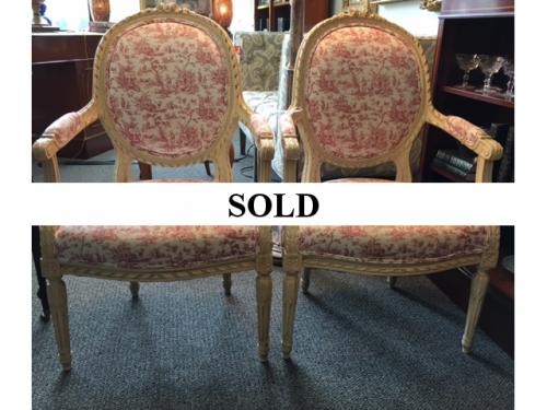 PAIR FRENCH PINK TOILE CHAIRS $295
