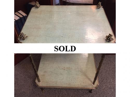FRENCH TWO TIER GREEN TABLE WITH GOLD TRIM $295